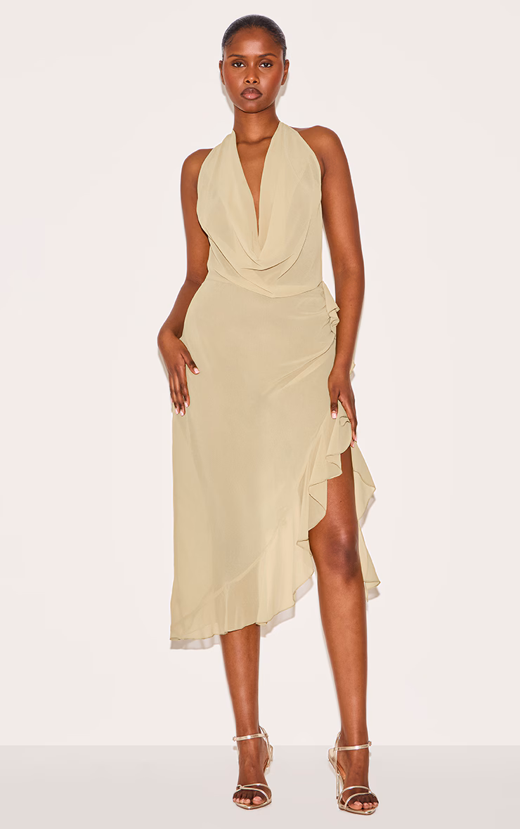 Mustard Cowl Ruffle Split Detail Midi Dress