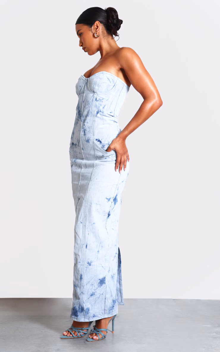 Blue Tie Dye Print Bustier Denim Maxi Dress