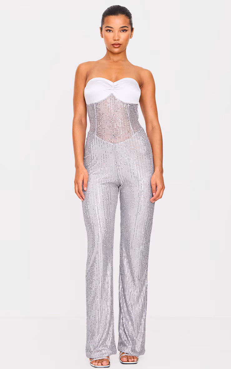 Silver Sequin Bandeau Sheer Panel Jumpsuit