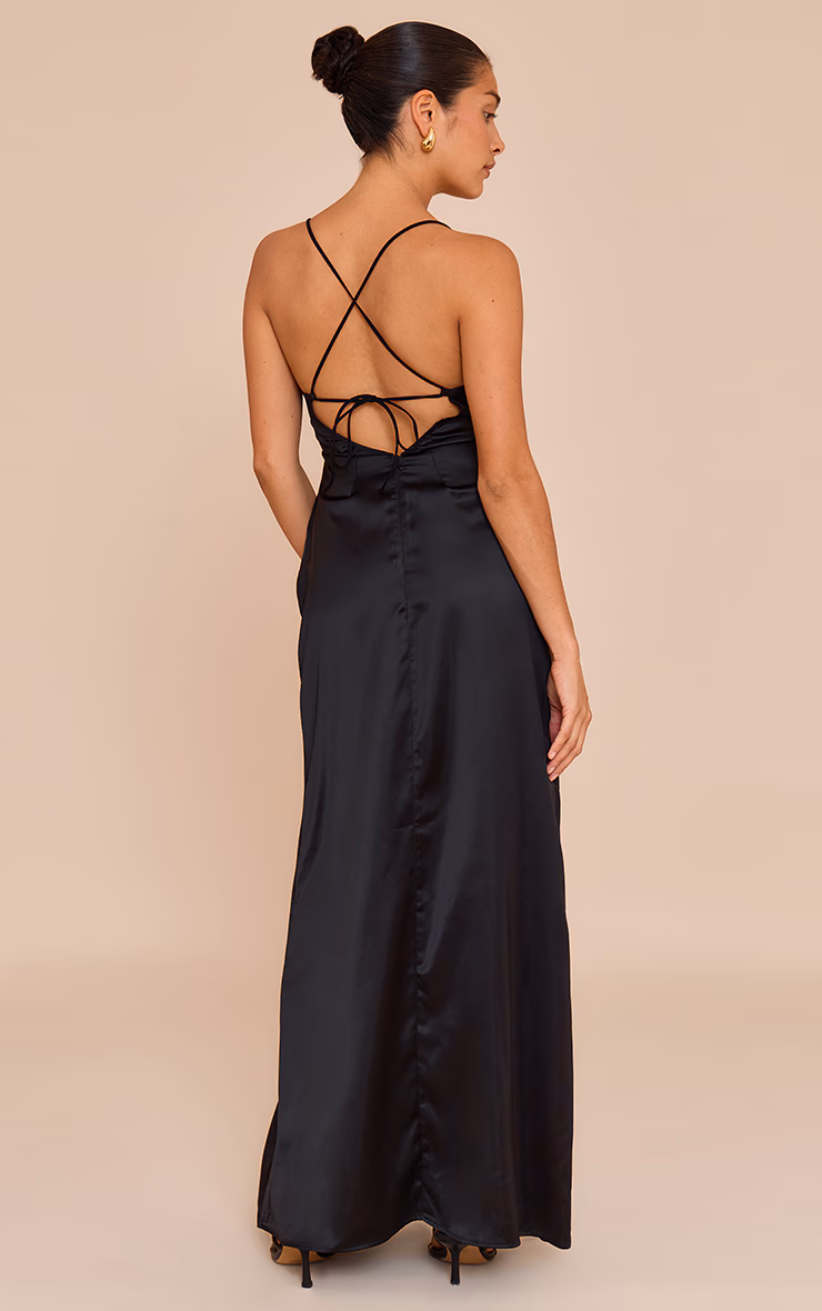 Petite Black Satin Strappy Open Back Maxi Dress