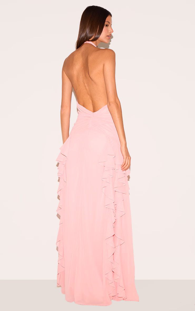 Light Pink Plunge Ruched Frill Detail Maxi Dress