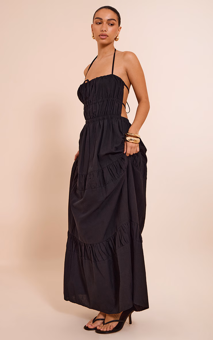 Black Ruched Backless Strappy Maxi Dress