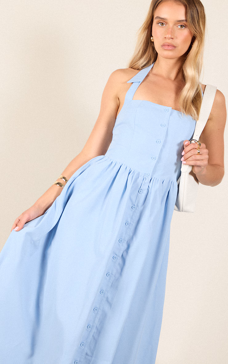 Blue Woven Button Collar Midaxi Dress