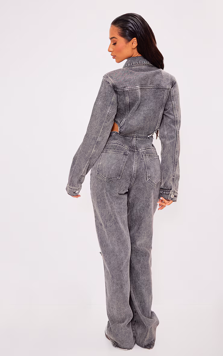 Petite Washed Grey Denim Ripped Knee Jumpsuit