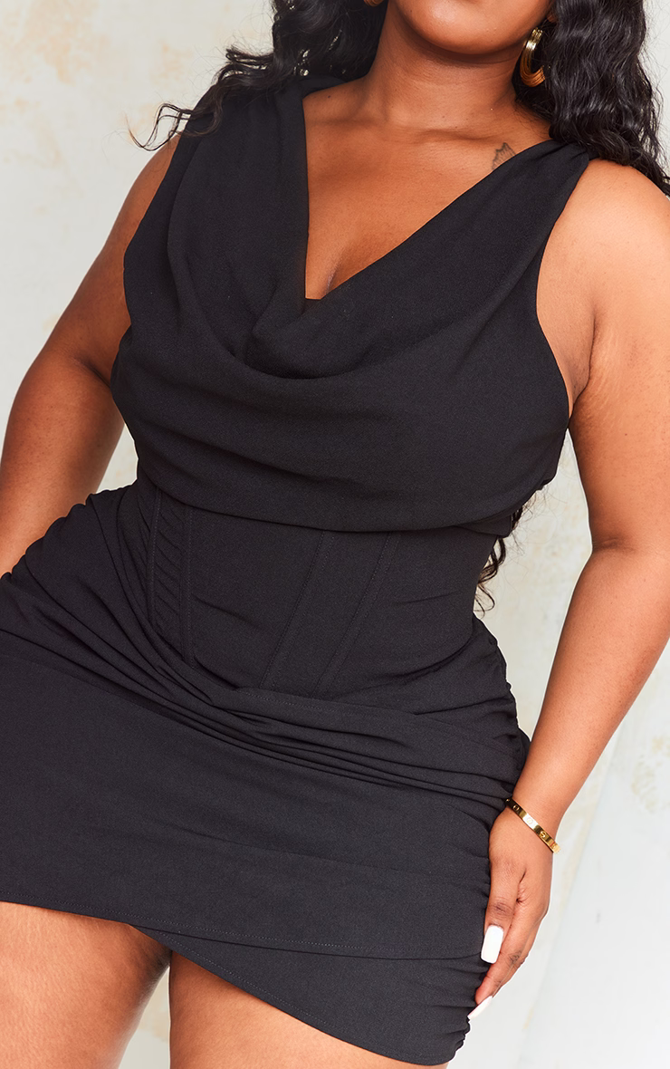 Plus Black Corset Detail Draped Mini Dress