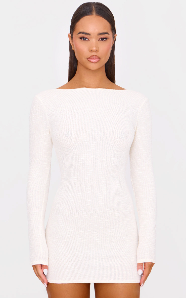 Cream Textured Scoop Back Long Sleeve Bodycon Dress