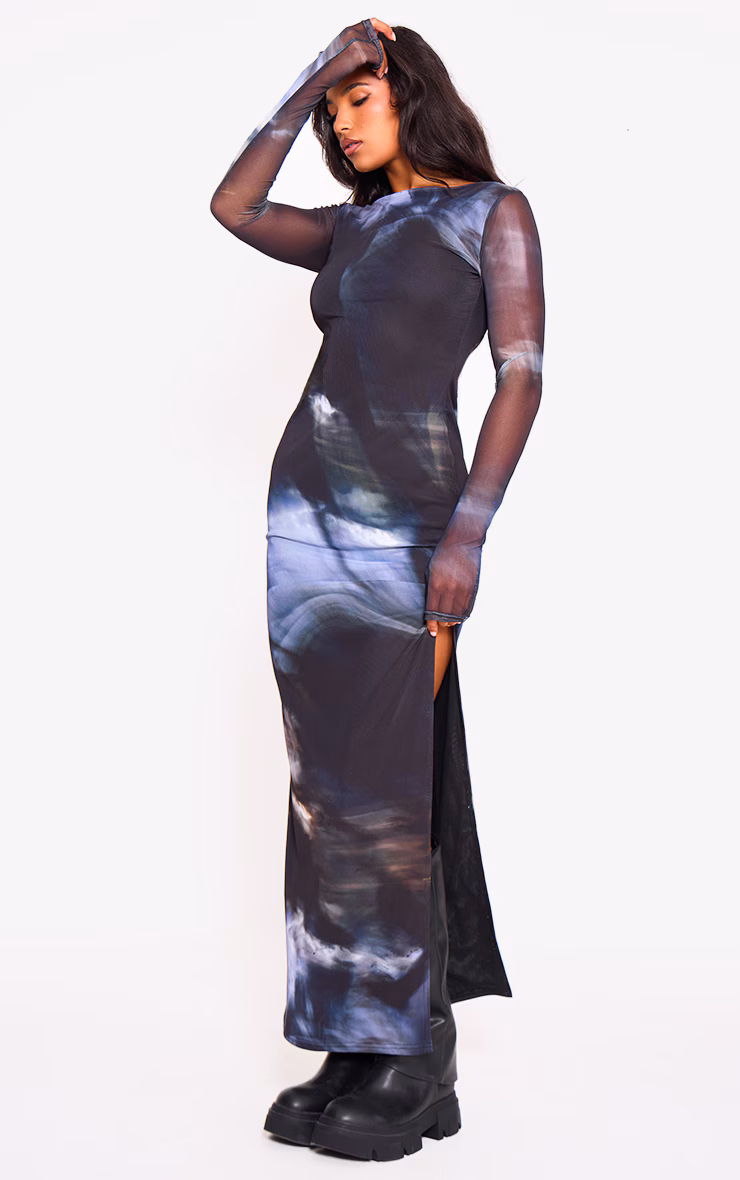 Black Printed Mesh Long Sleeve Maxi Dress