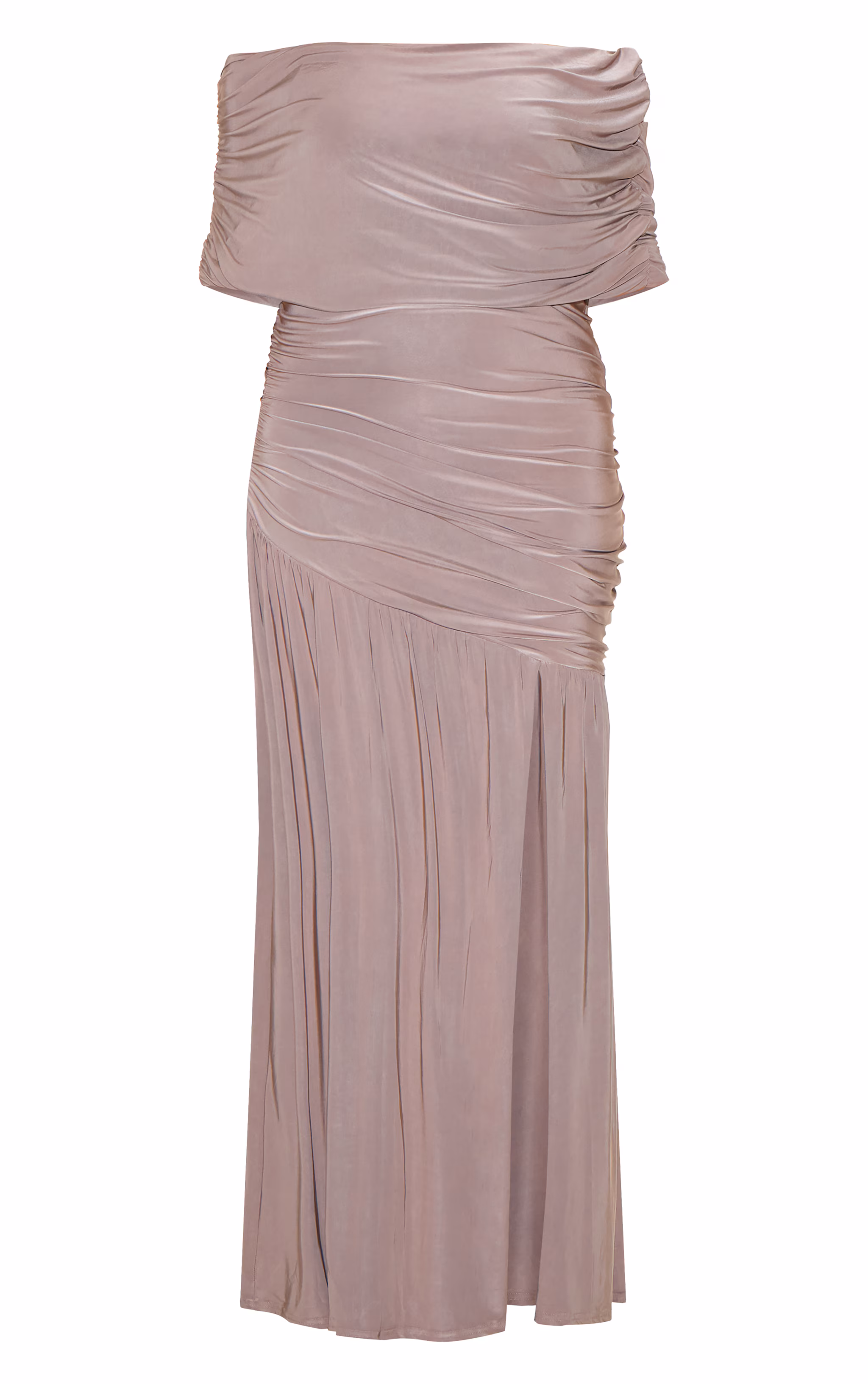 Plus Taupe Double Layer Slinky Bardot One Shoulder Ruched Maxi Dress