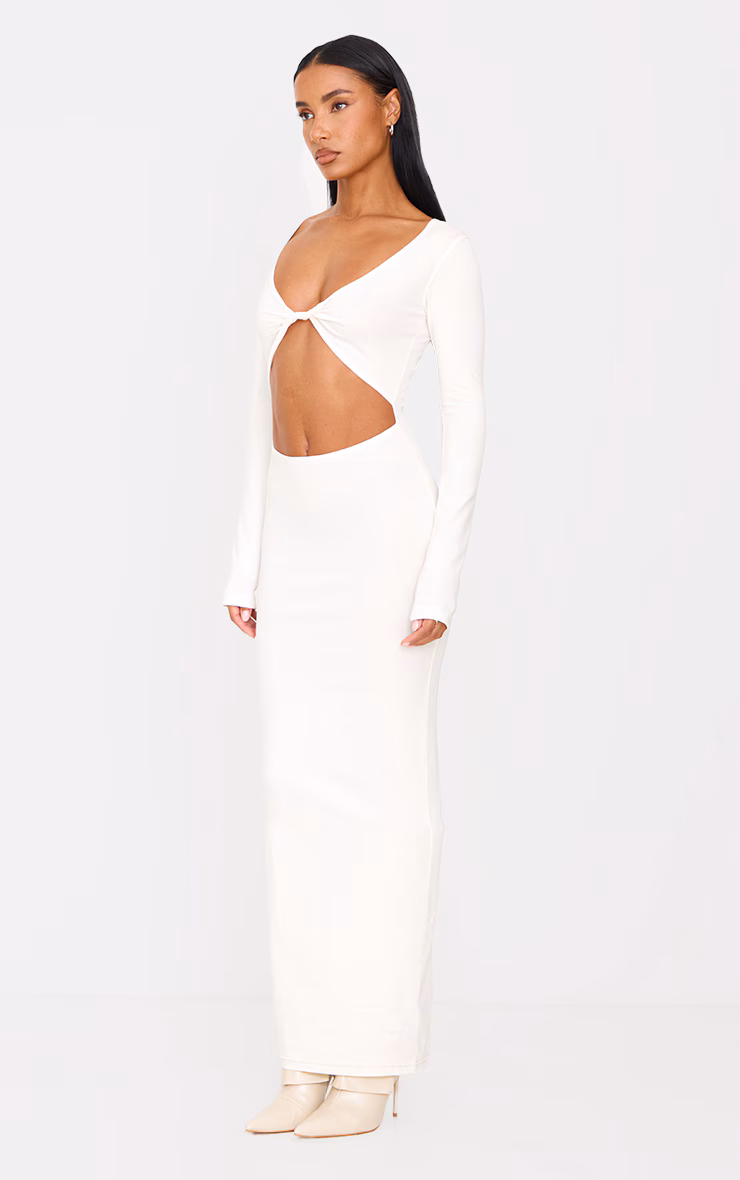 Cream Cotton Twist Cut Out Long Sleeve Midaxi Dress