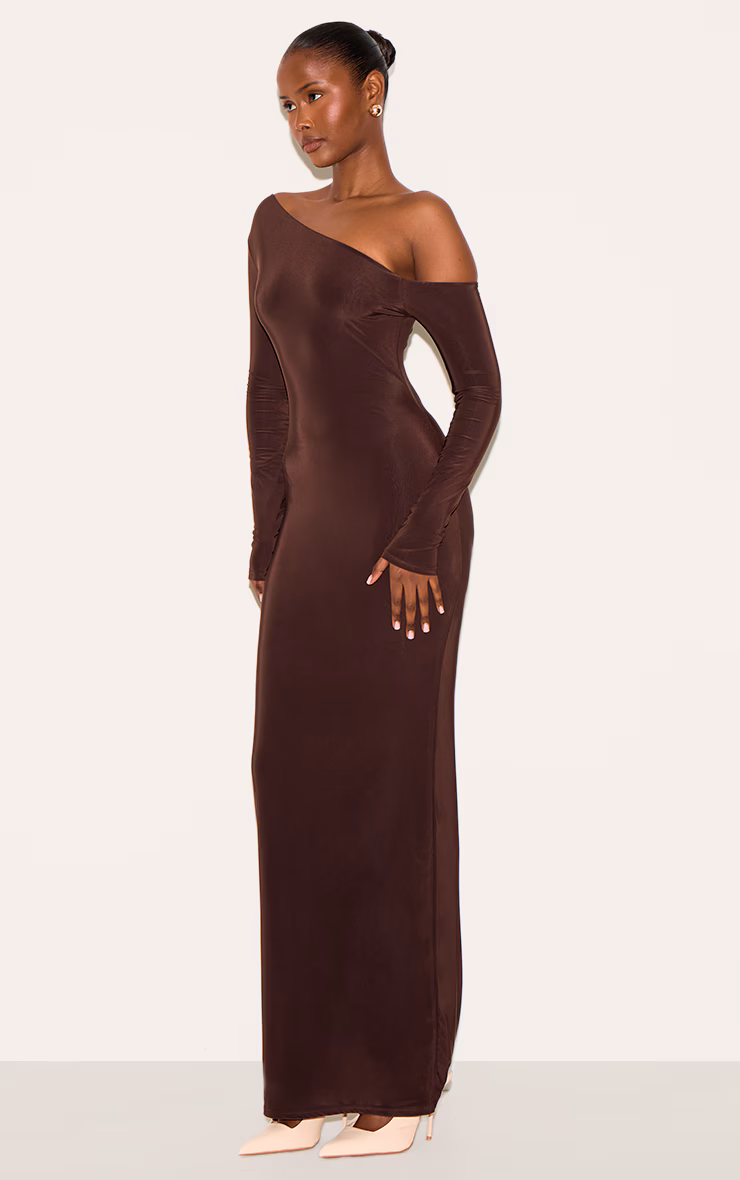Deep Chocolate Double Slinky Asymmetric Neckline Maxi Dress