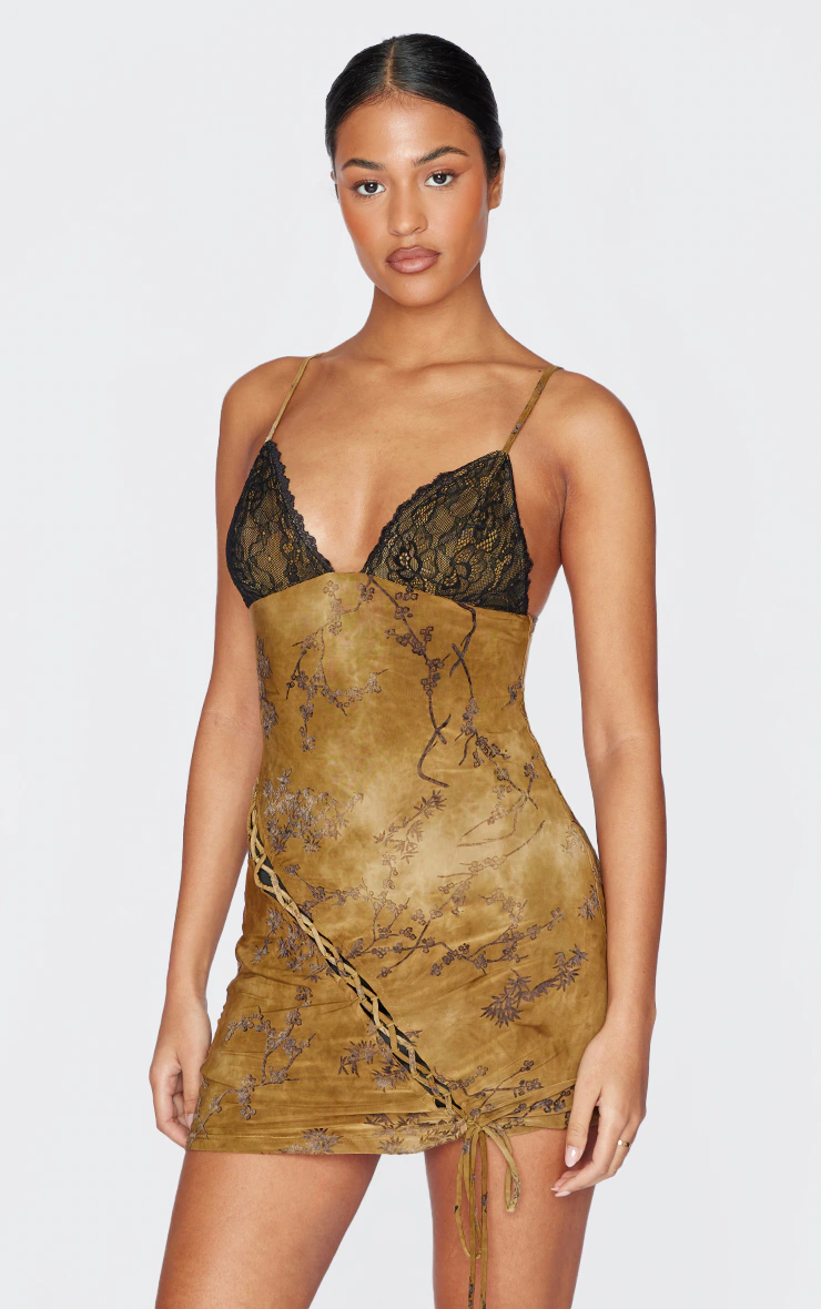 Tall Green Devore Lace Up Detail Mini Dress