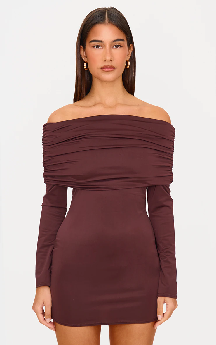 Chocolate Matte Sculpt Double Layer Foldover Bardot Long Sleeve Mini Dress