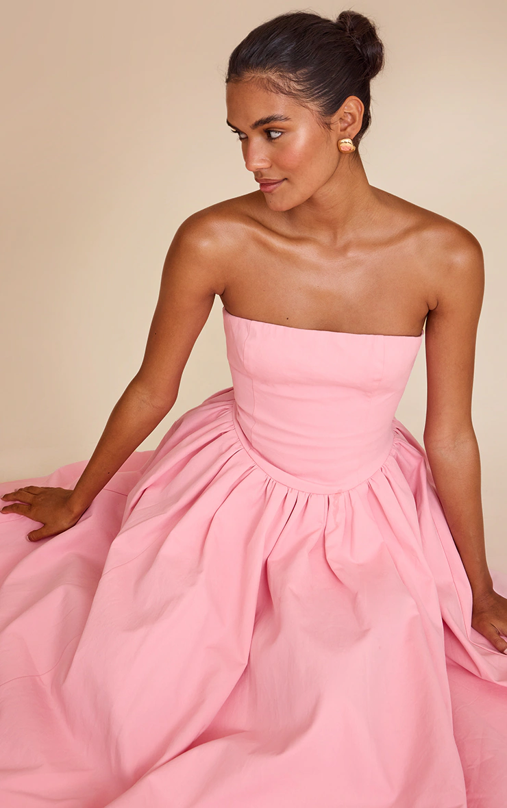 Candy Pink Woven Bandeau Ruched Skater Midaxi Dress