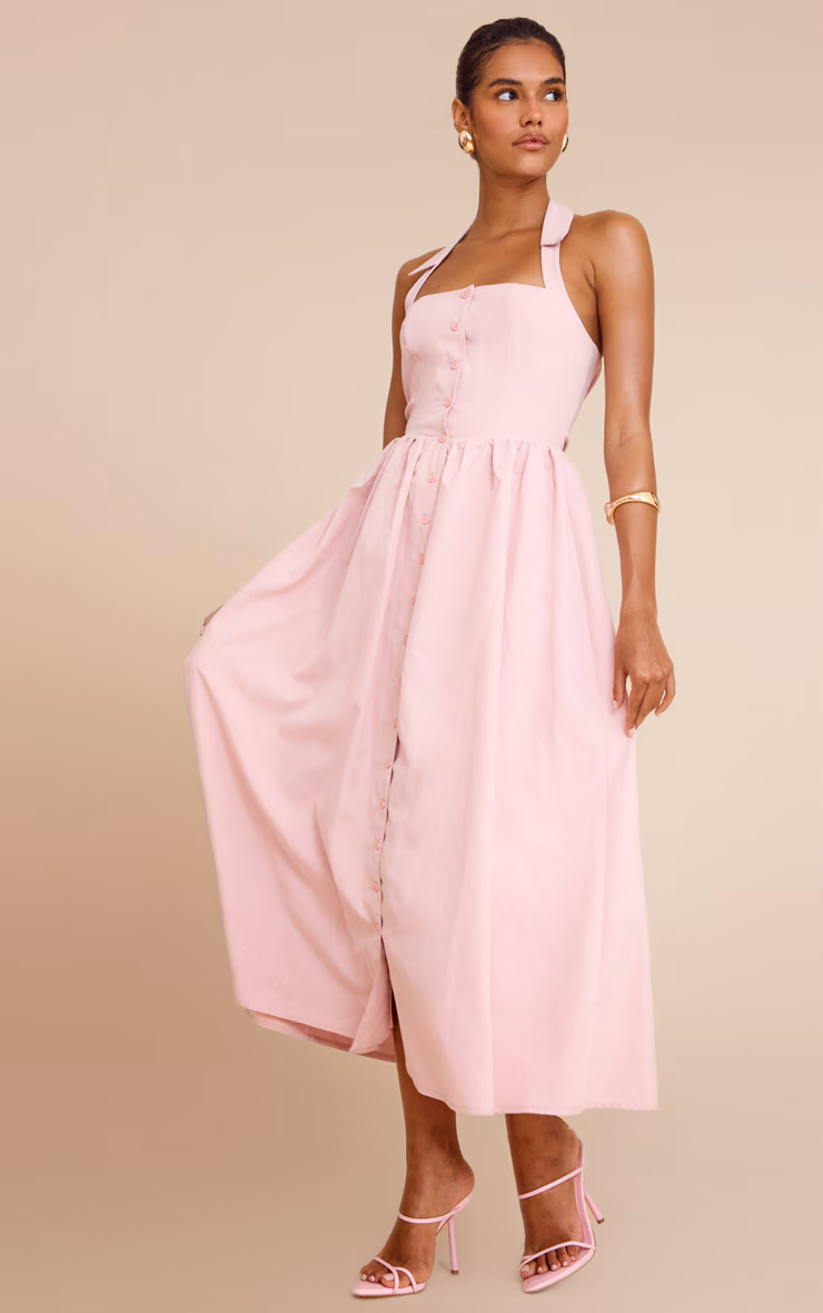 Dusty Pink Woven Button Collar Midaxi Dress