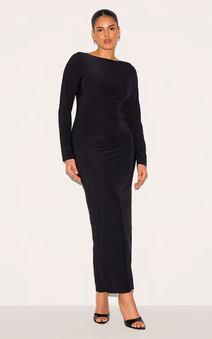 Plus Black Double Layer Slinky Flared Sleeve Midaxi Dress