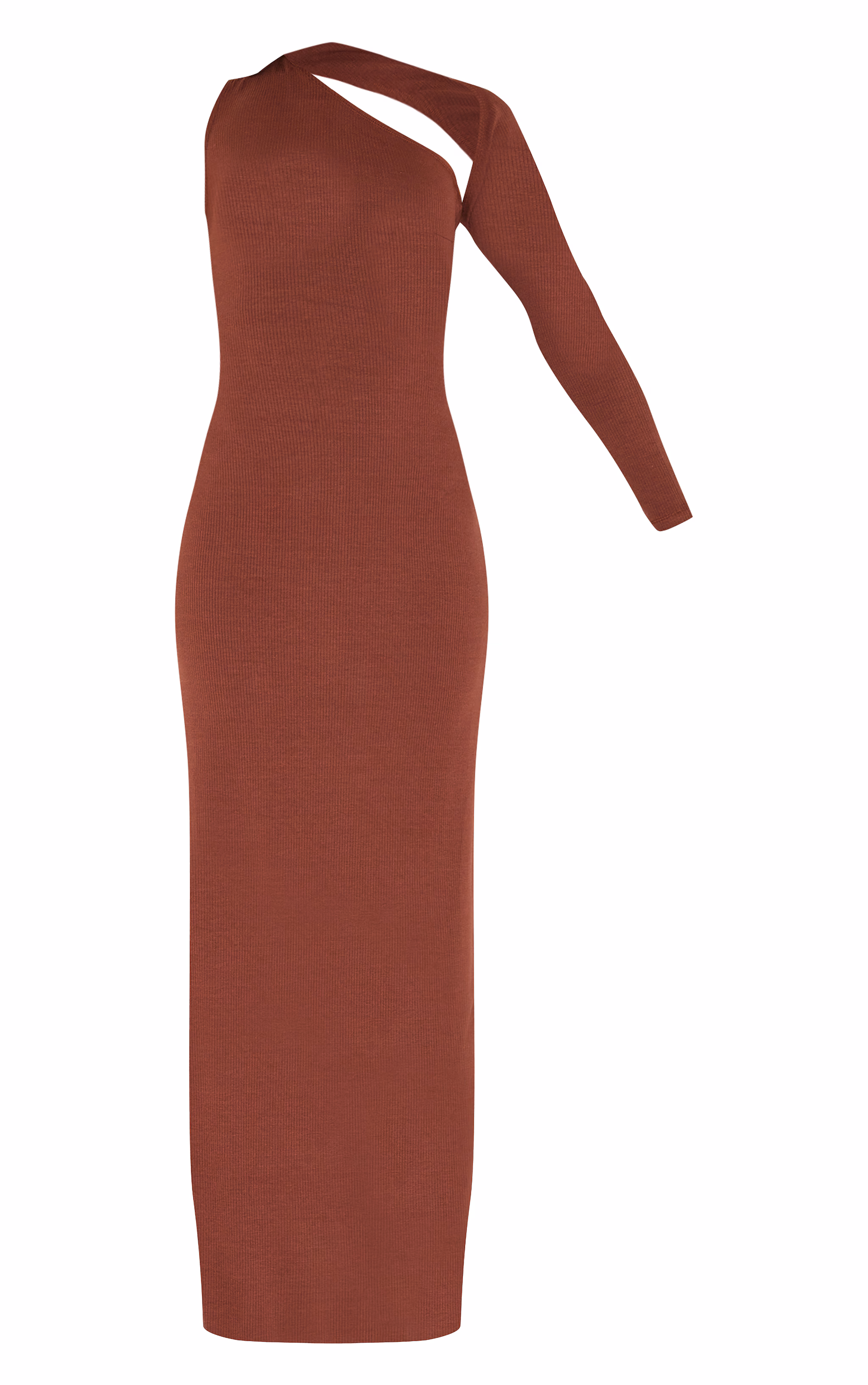 Petite Chocolate Ribbed One Sleeve Maxi Dress