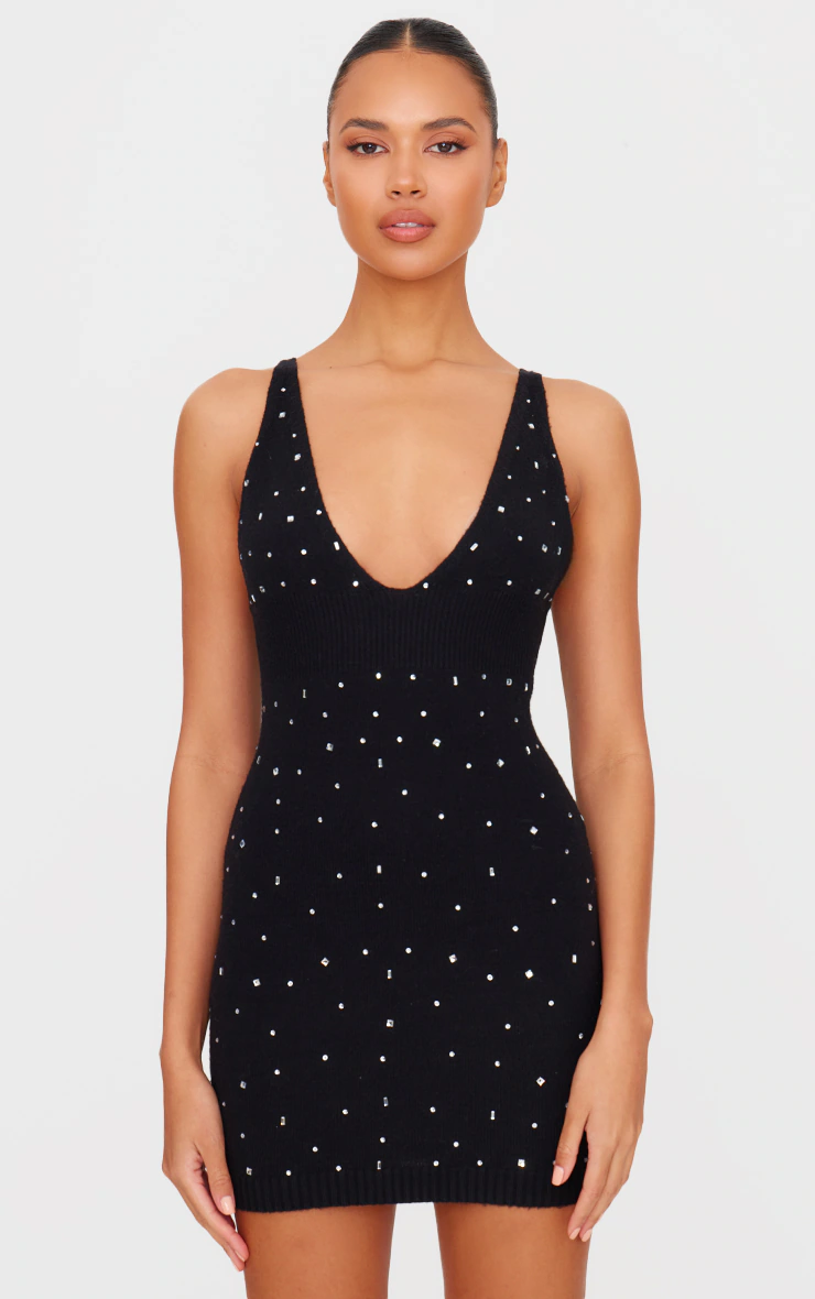 Black Soft Knit Gem Detail Plunge Mini Dress