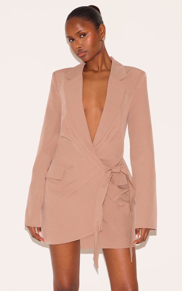 Taupe Plunge Tie Side Blazer Dress