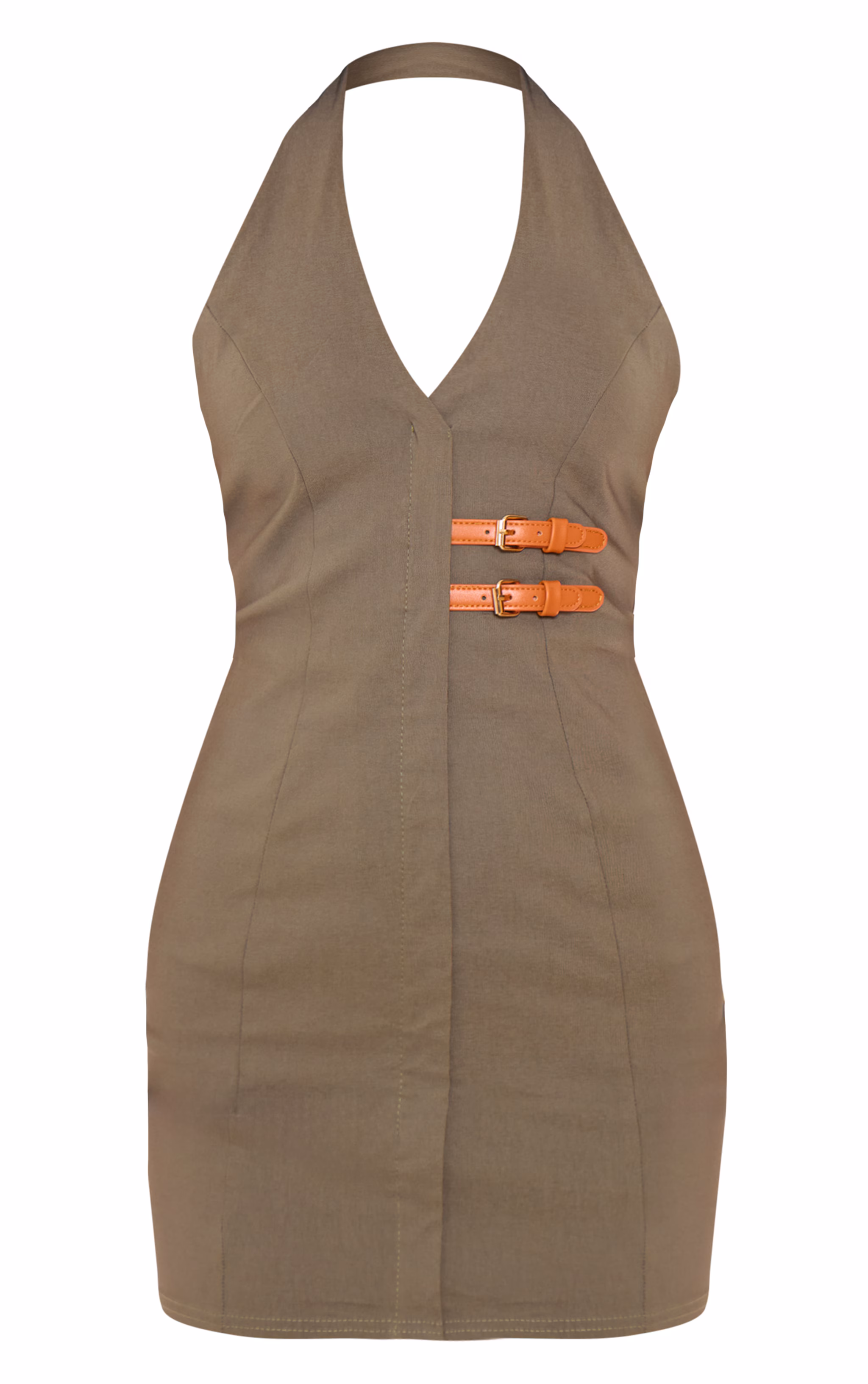 Dark Khaki Stretch Woven Belted Bodycon Dress