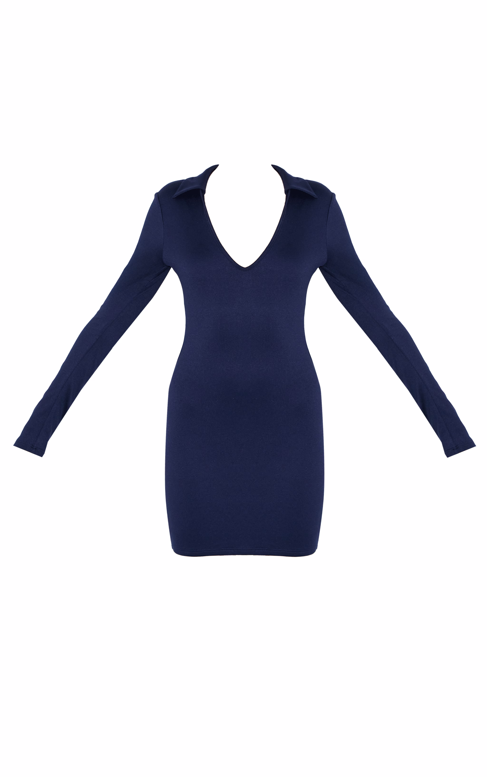 Navy Double Contour Collar Detail Long Sleeve Bodycon Dress