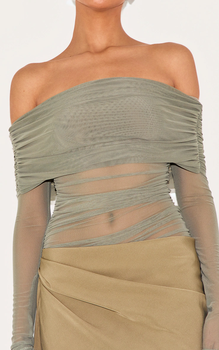 Olive Satin Mesh Detail Bardot Maxi Dress