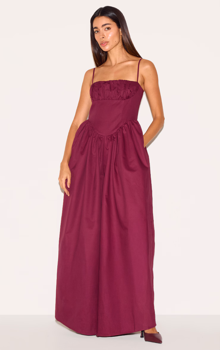 Plum Premium Ruched Corset Detail Wide Leg Jumpsuit