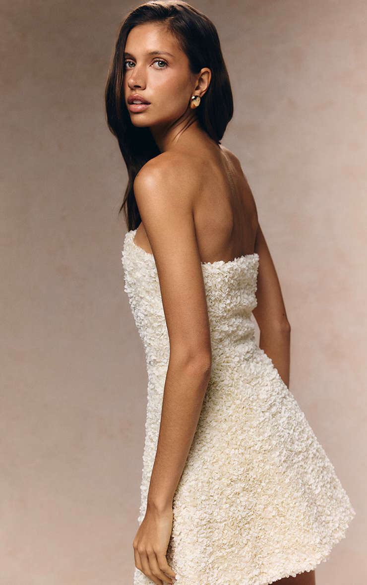 Cream Floral Textured Bandeau Mini Dress
