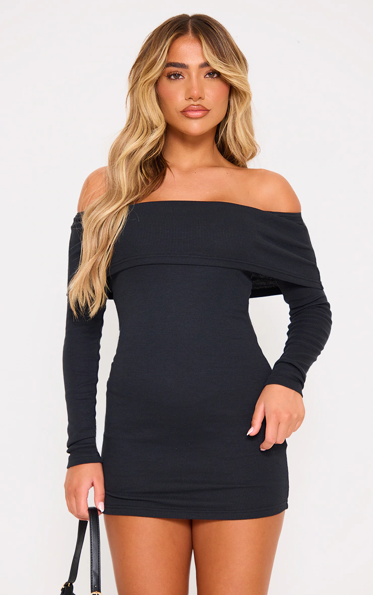 Black Rib Foldover Bardot Bodycon Dress