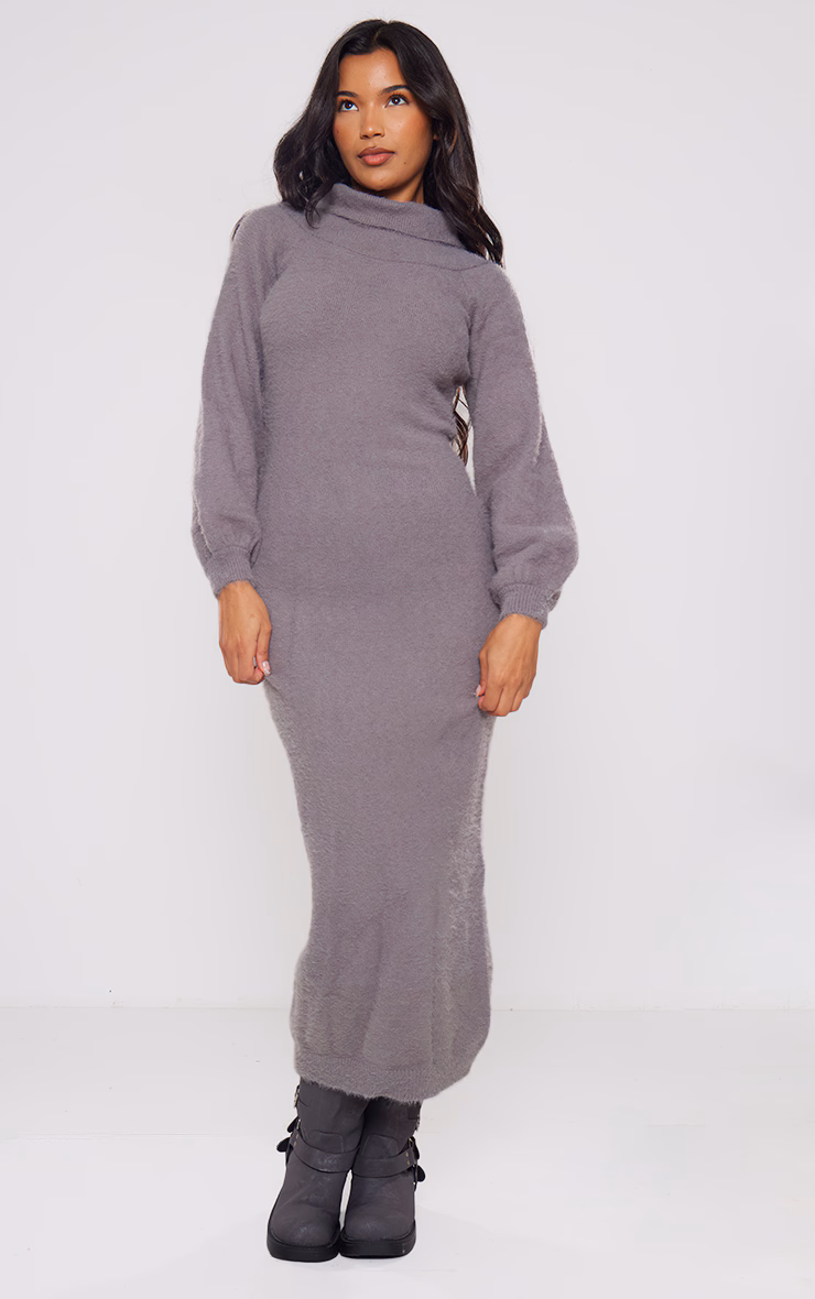 Charcoal Eyelash Knit Split Maxi Dress