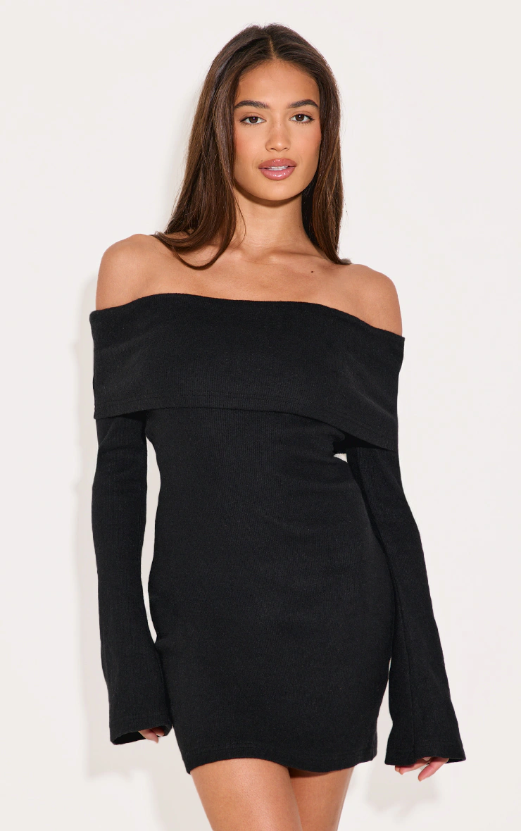 Black Fold Over Bardot Mini Dress