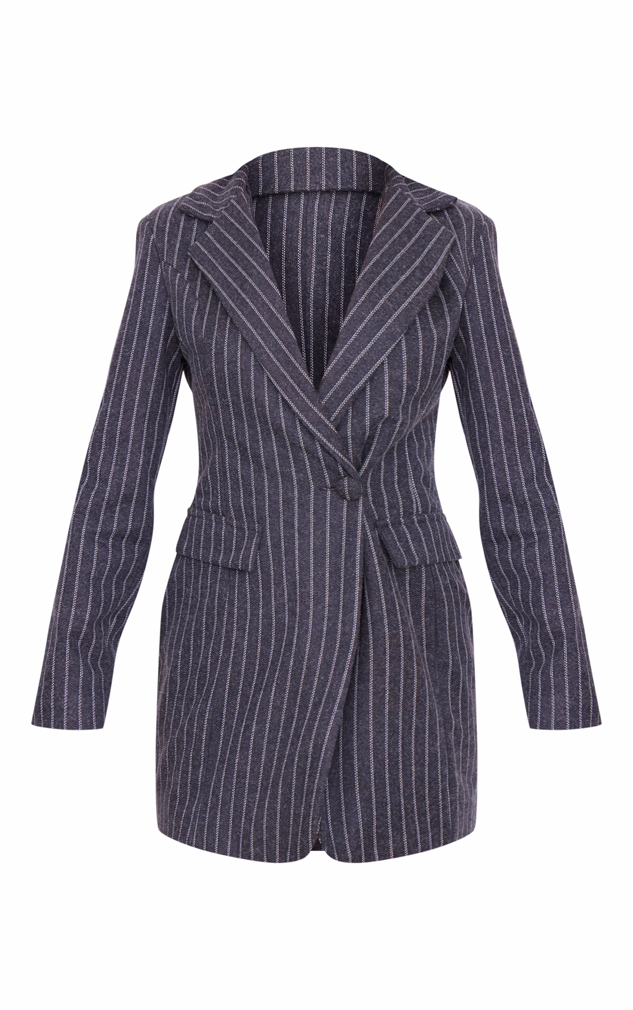 Navy Brushed Woven Pinstripe Cinched Waist Blazer Dress