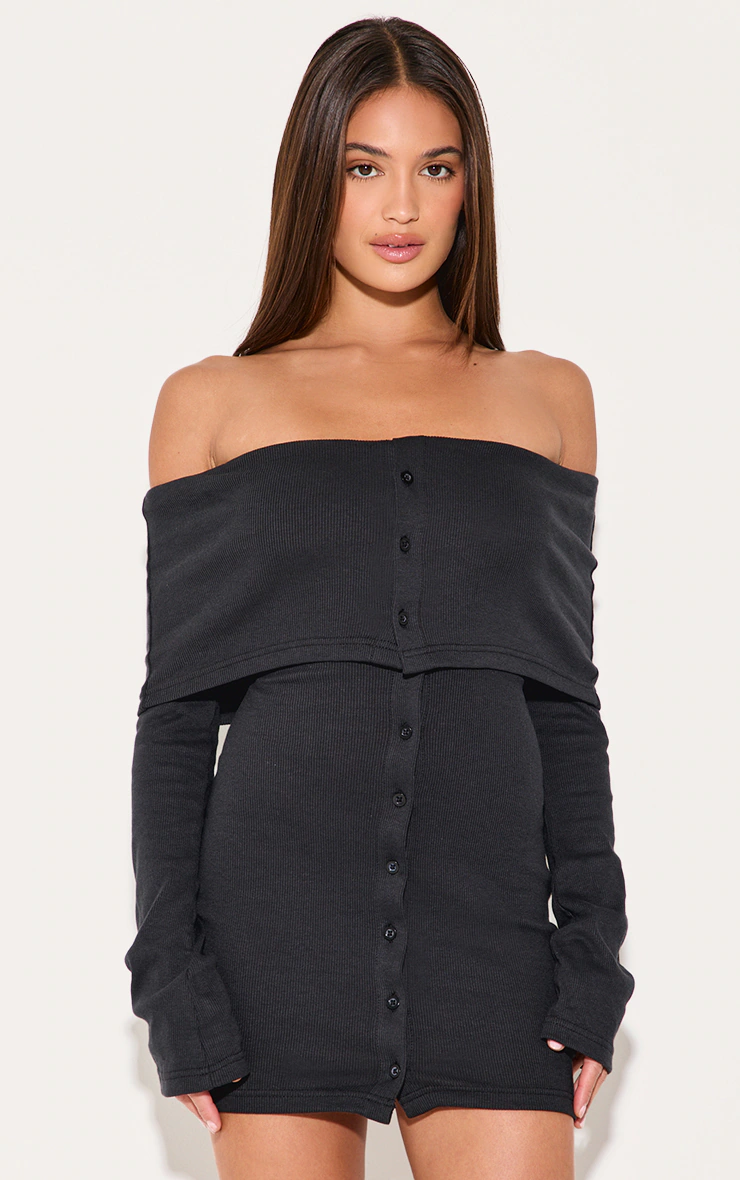 Black Rib Fold Over Bardot Button Mini Dress