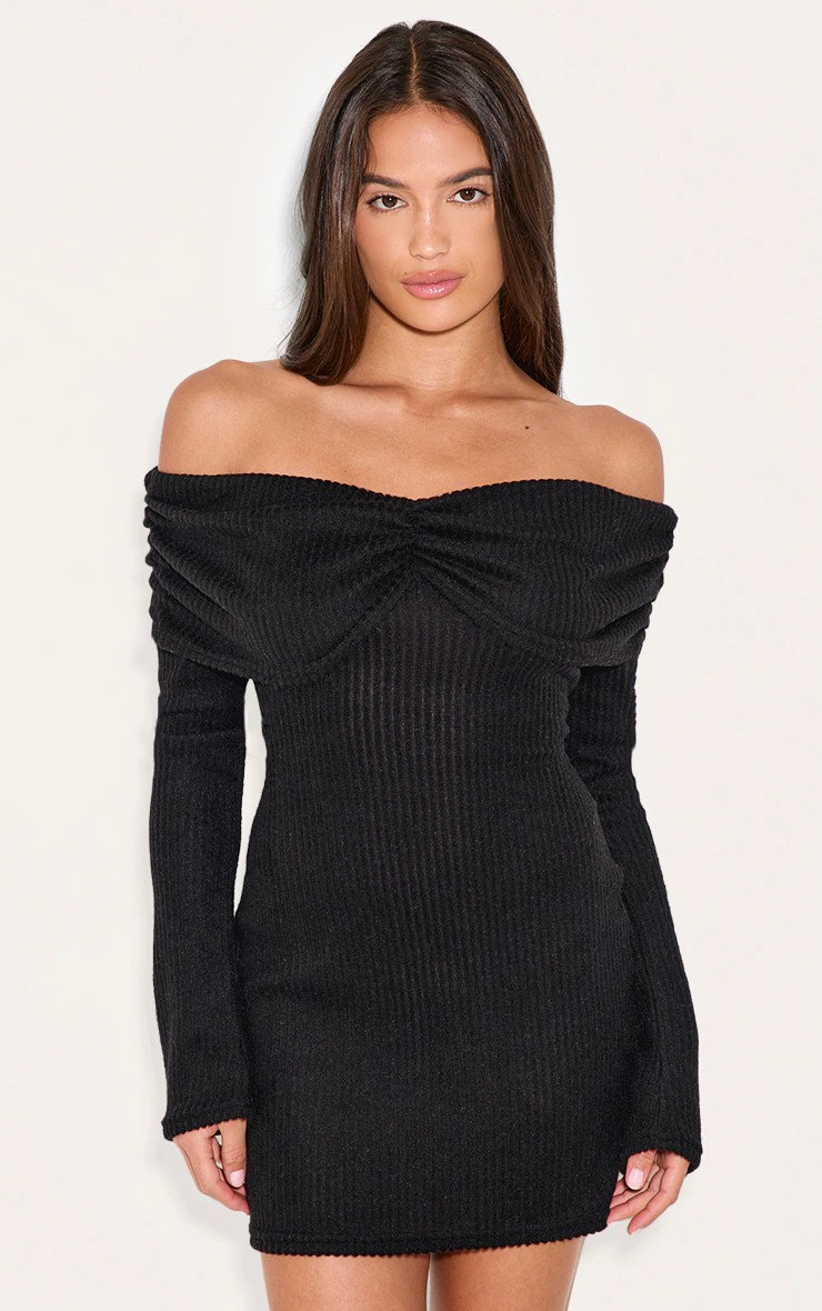 Black Brushed Rib Bardot Long Sleeve Bodycon Dress