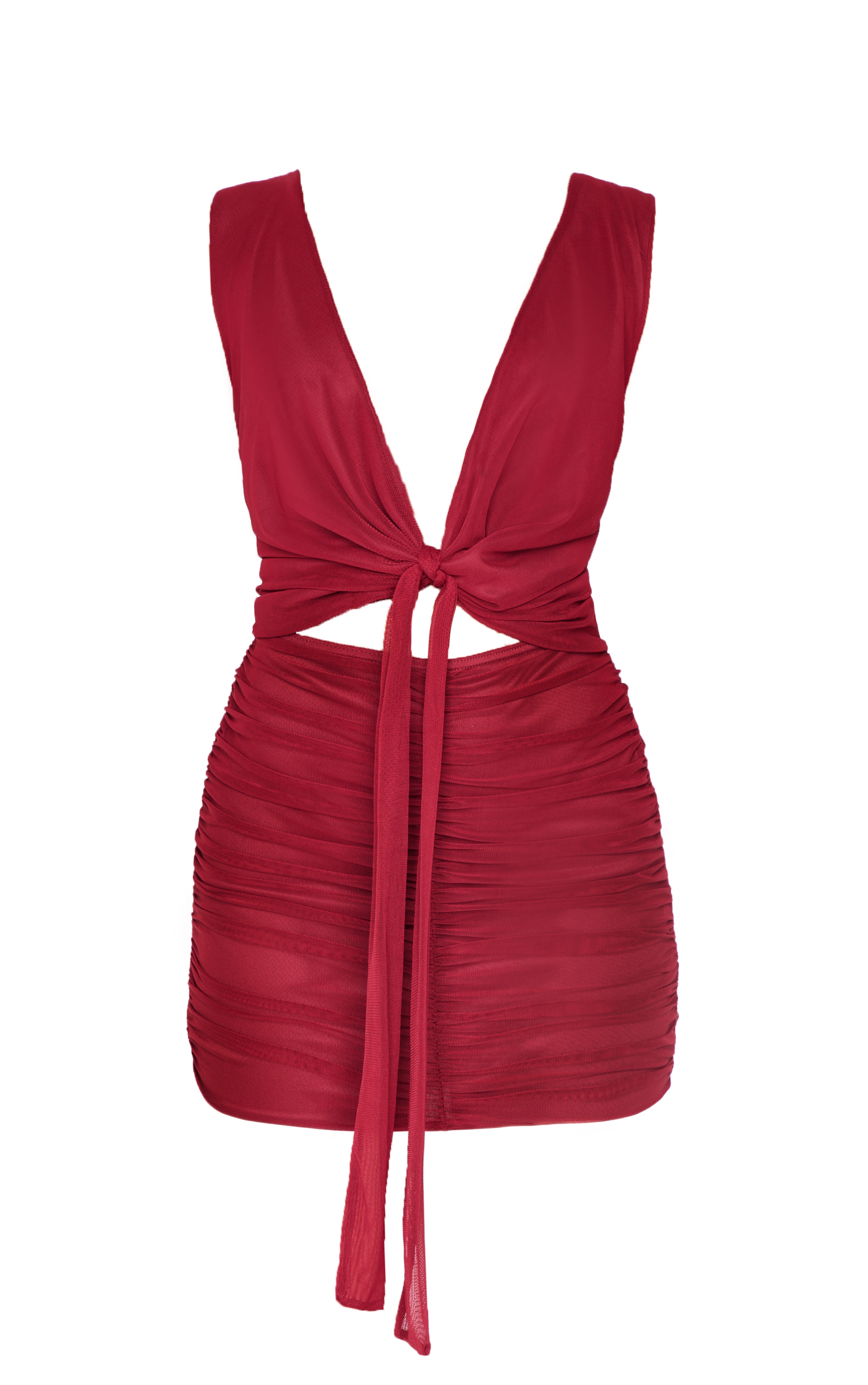Burgundy Mesh Plunge Knot Detail Mini Dress