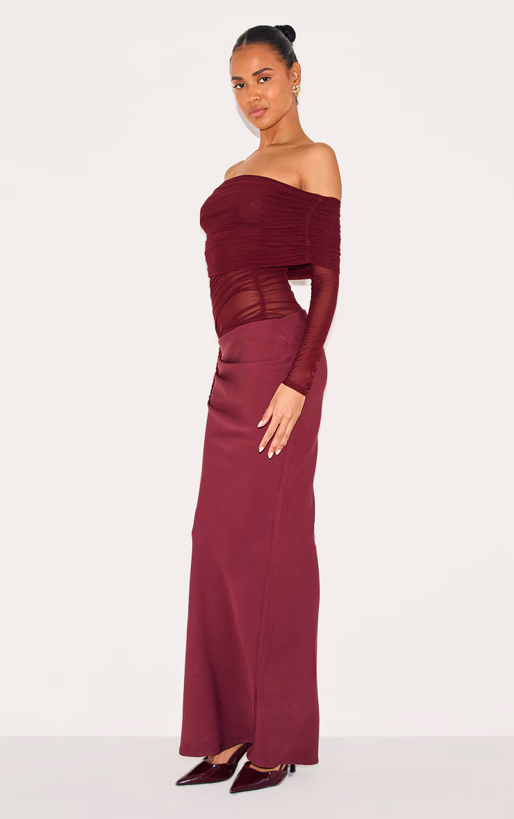 Wine Satin Mesh Detail Bardot Maxi Dress