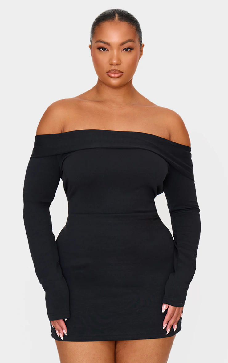 Plus Black Premium Contour Bardot Bodycon Dress