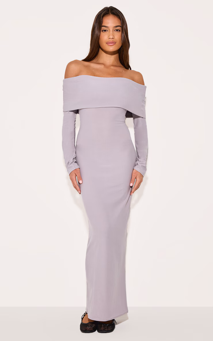 Light Grey Soft Touch Bardot Long Sleeve Maxi Dress