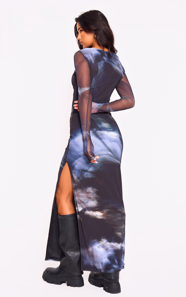 Black Printed Mesh Long Sleeve Maxi Dress
