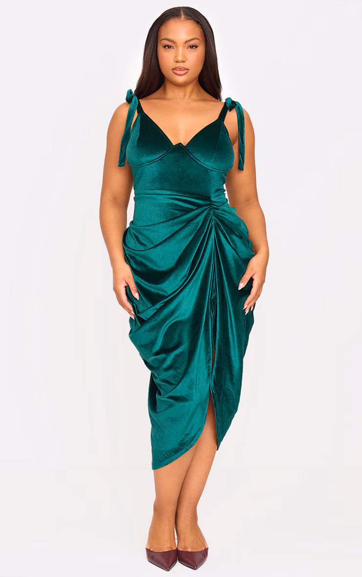 Plus Emerald Green Underwire Detail Velvet Draped Midi Dress