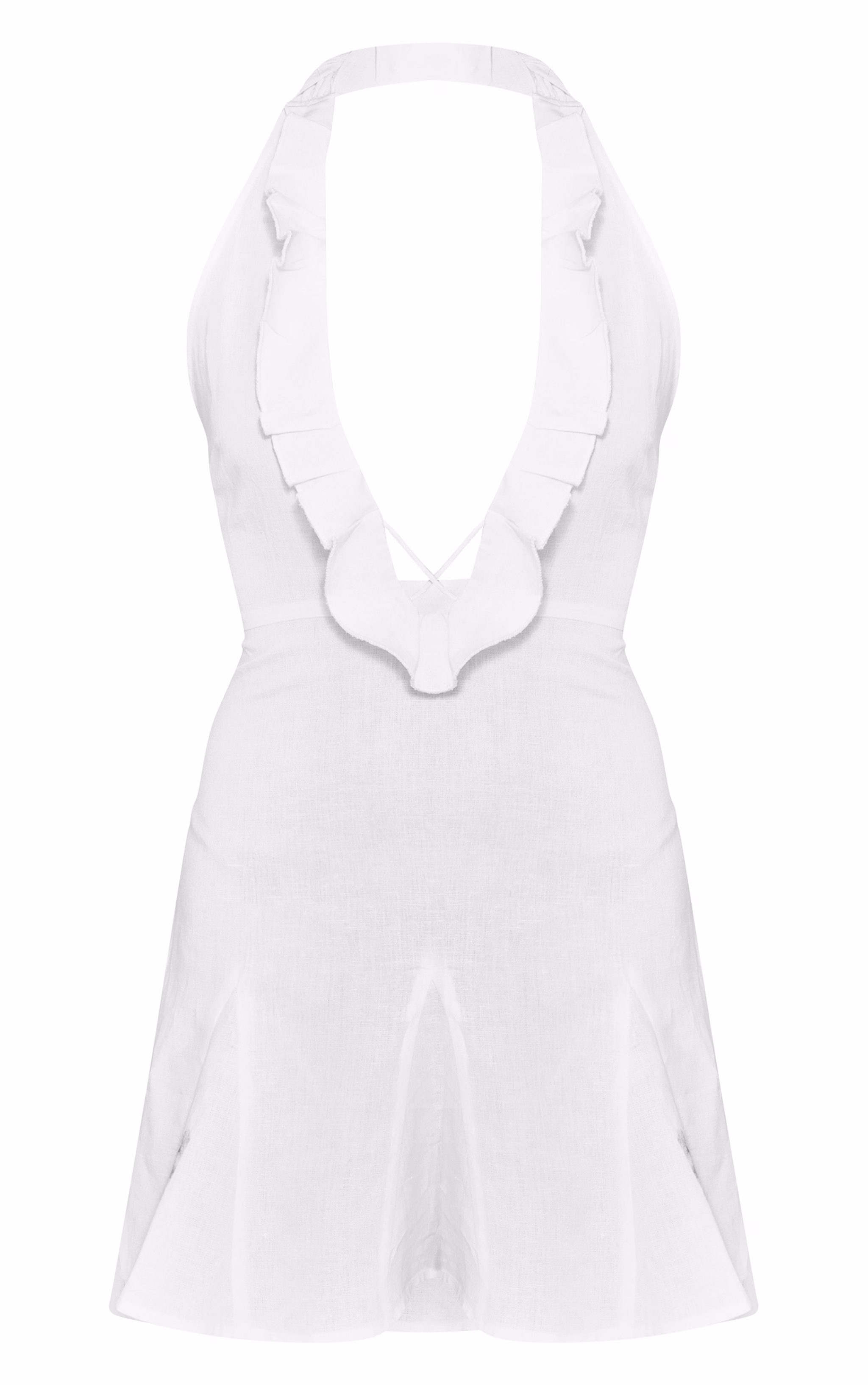 White Linen Frill Neck Cross Front Mini Dress