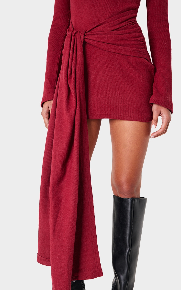 Burgundy Heavy Brushed Rib Boat Neck Wrap Tie Bodycon Dress
