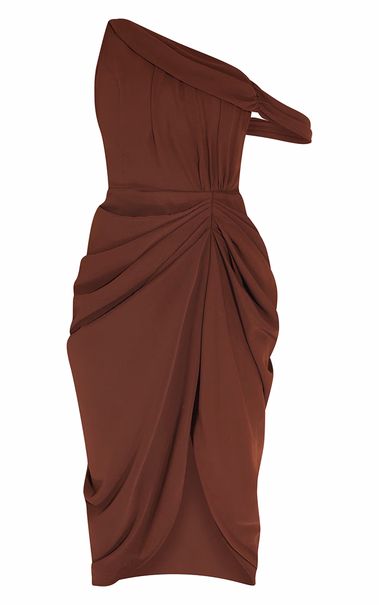 Chocolate Chiffon Asymmetric Strap Draped Midi Dress