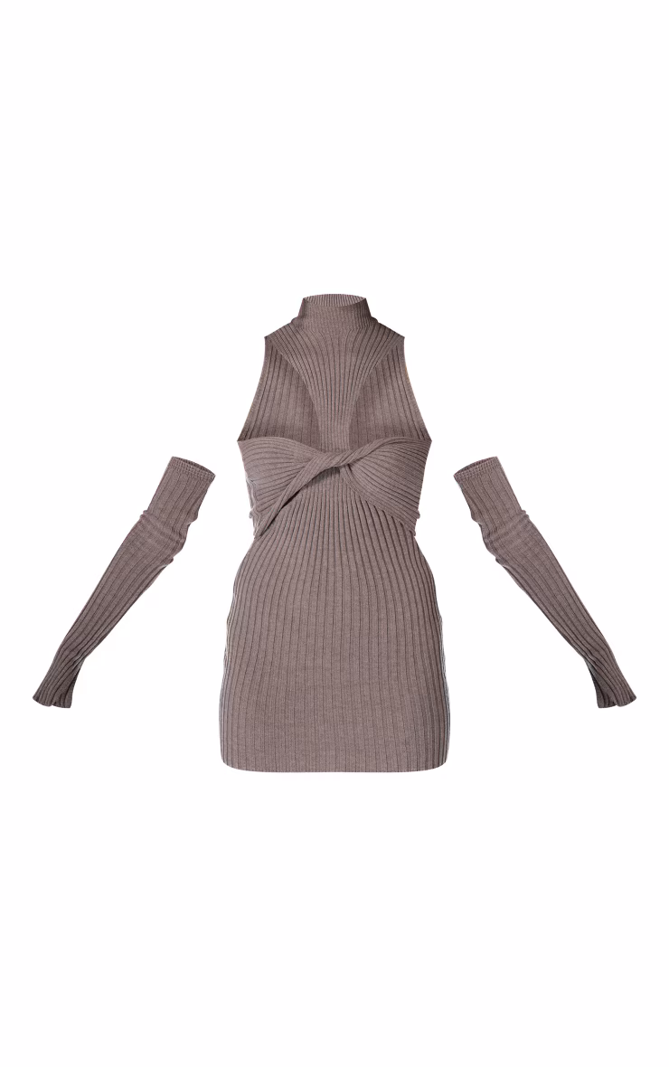 PLT Label Dark Taupe Knitted Twist Front Split Sleeved Mini Dress
