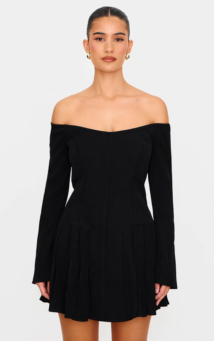 Black Woven Bardot Long Sleeve Shift Dress