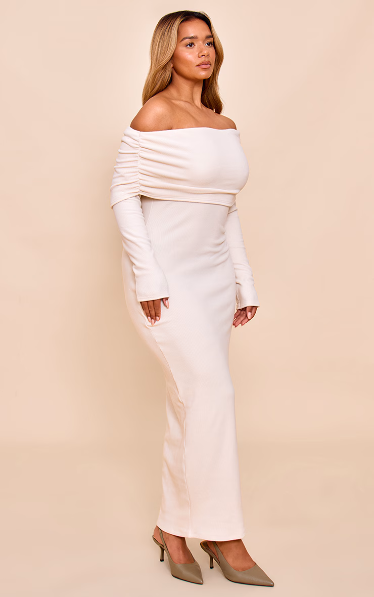 Shape Oatmeal Ribbed Bardot Long Sleeve Maxi Dress