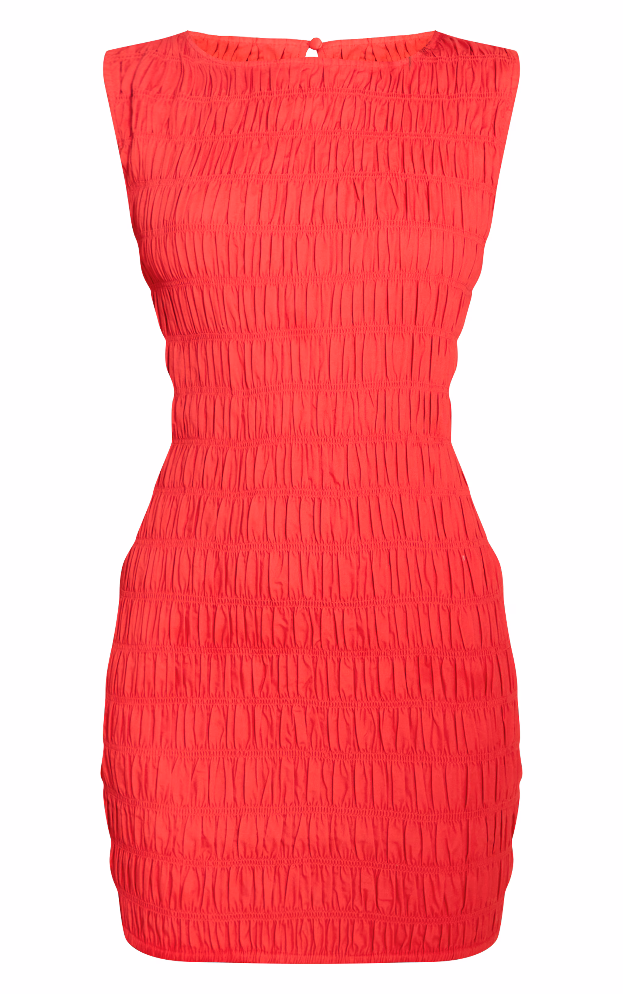 Red Boat Neck Shirred Bodycon Dress