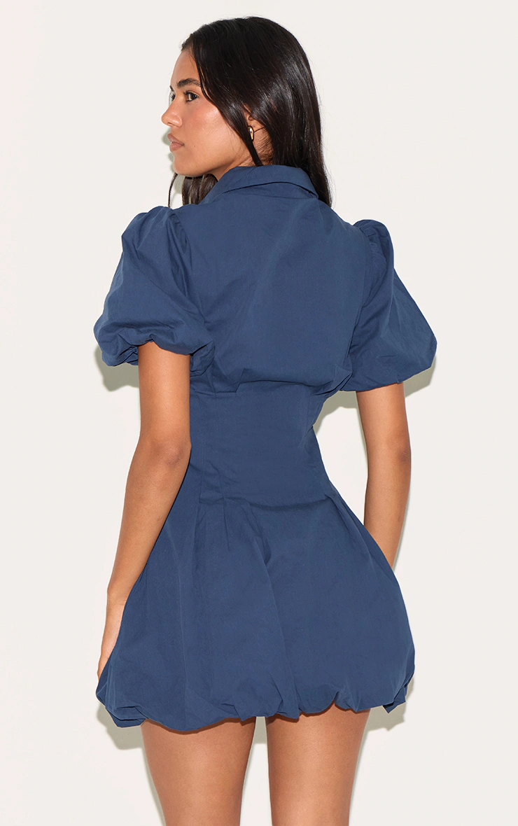 Navy Button Down Cinched Waist Shift Dress