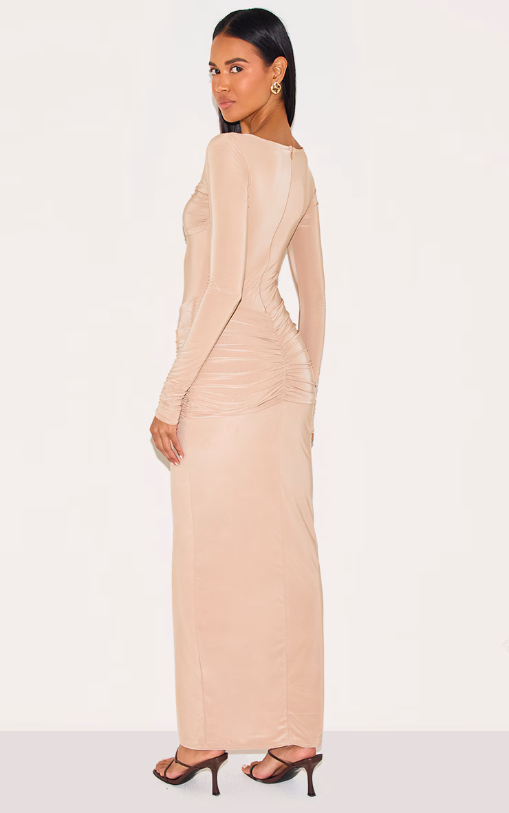Beige Sinky Ruched Panel Detail Maxi Dress