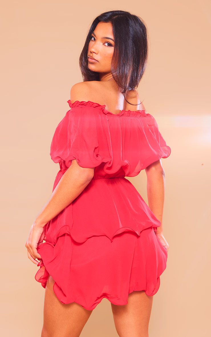 Red Chiffon Bardot Ruffle Tiered Dress
