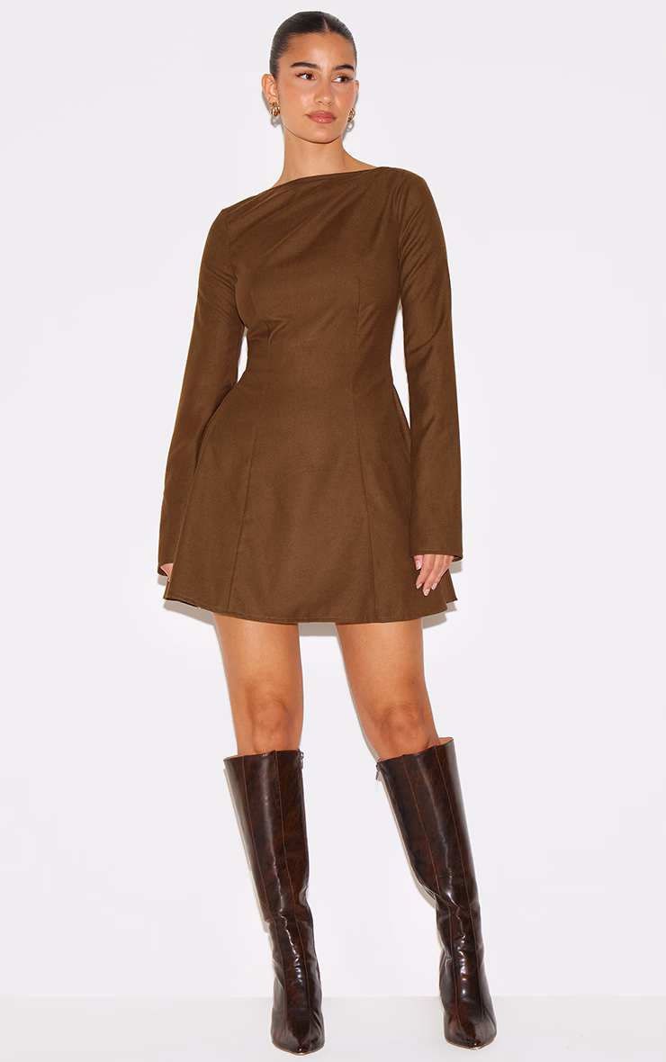 Chocolate Structured Woven Boat Neck Shift Dress